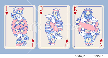 Queen King Jack of Hearts playing cards set vector pink blue style 138995142