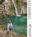 Backpacker Woman Looking at Turquoise Waterfall in Lush Forest Adventure Travel 138995159