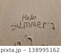 Hello Summer Written on Wet Sand Beach Message  138995162