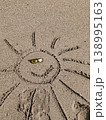 Close View of Smiling Sun Drawing in Sand with Sunglasses Beach Concept 138995163