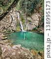 Rope Swing Hanging Near Turquoise Waterfall in Tropical Forest Scenic View 138995173
