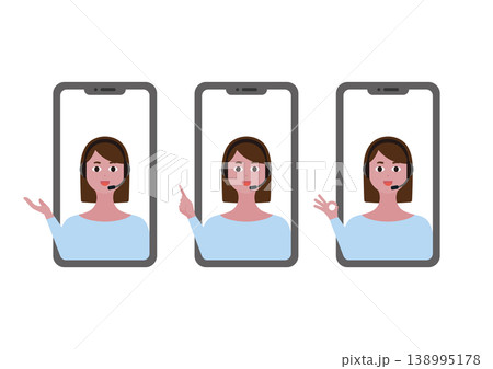 スマートフォンで通話する女性オペレーターとハンドサインのベクターイラスト素材セット 138995178