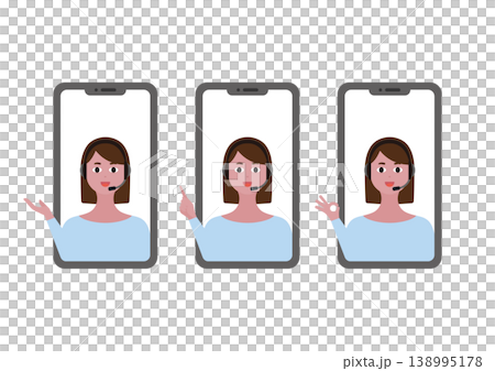 スマートフォンで通話する女性オペレーターとハンドサインのベクターイラスト素材セット 138995178