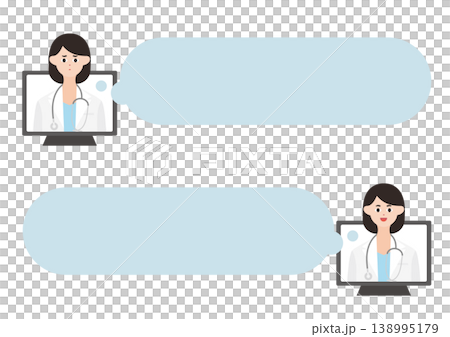 パソコンのオンライン診療の女医と吹き出しのベクターイラスト素材セット（困る・笑顔） 138995179