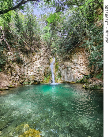 Scenic View of Turquoise Waterfall in Lush Green Forest Nature Landscape 138995180