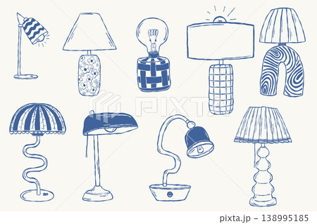 Lamp set collection with table lamps light bulbs and decor lighting in hand drawn doodle style for interior design and home decor 138995185