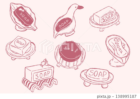 Soap set collection with bars dish holder and dispenser in hand drawn doodle style for bathroom branding and packaging 138995187