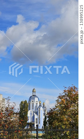 Greek Catholic church Vinnytsia Ukraine autumn trees sky city architecture religious building 138995225