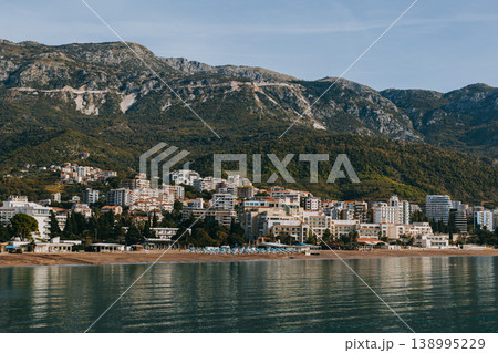 Amazing view of the Adriatic sea and mountains in Becici near Budva. Travel destination in Montenegro. Amazing view of the Adriatic sea and mountains in Becici near Budva. Travel destination in Montenegro. 138995229