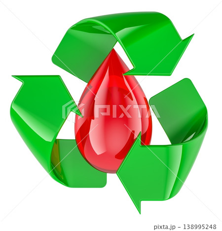 Blood drop with recycle symbol. Donation and blood processing and plasma reuse, concept. 3d rendering 138995248