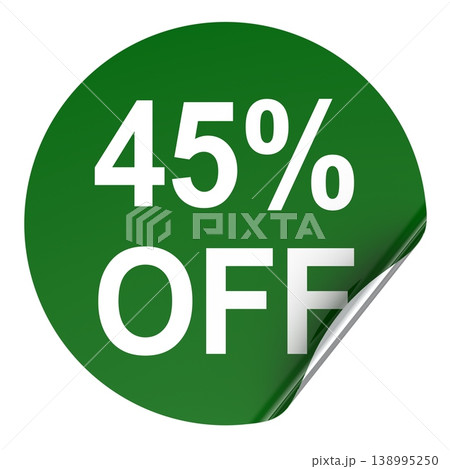 Discount sticker 45 percent off, round label with peeling corner. 3D rendering 138995250