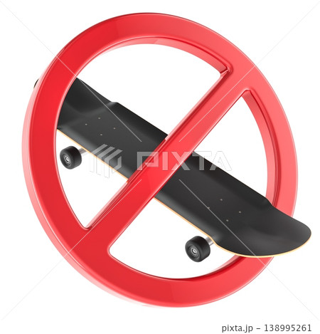 No skateboarding sign, red prohibition symbol with skateboard. 3D rendering No skateboarding sign, red prohibition symbol with skateboard. 3D rendering 138995261