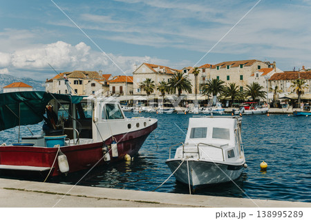 Amazing view of yacht marina and old town Supetar, Brah island, Croatia. Beautiful sunny day. Travel destination in Croatia. 138995289
