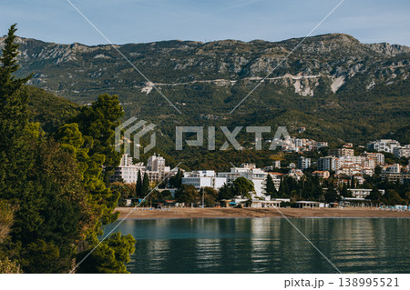Amazing view of the Adriatic sea and mountains in Becici near Budva. 138995521