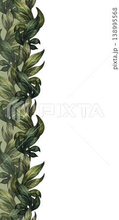 Vertical green seamless border of peony branches, isolated on a white background. Watercolor botanical greenery pattern for elegant floral decor, wedding design, branding, packaging, wallpaper Vertical green seamless border of peony branches, isolated on a white background. Watercolor botanical greenery pattern for elegant floral decor, wedding design, branding, packaging, wallpaper 138995568