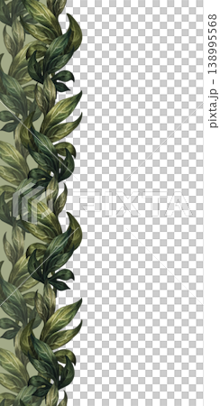 Vertical green seamless border of peony branches, isolated on a white background. Watercolor botanical greenery pattern for elegant floral decor, wedding design, branding, packaging, wallpaper Vertical green seamless border of peony branches, isolated on a white background. Watercolor botanical greenery pattern for elegant floral decor, wedding design, branding, packaging, wallpaper 138995568