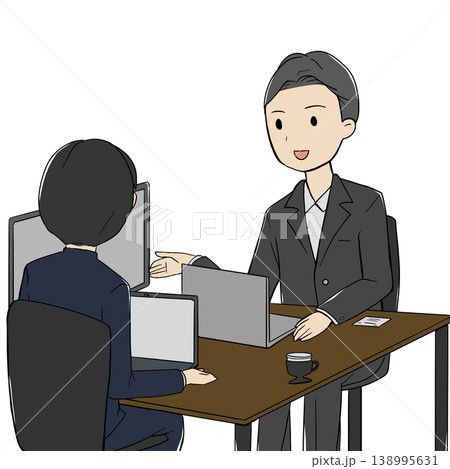 ビジネス商談・打ち合わせをするスーツ姿の男性イラスト ビジネス商談・打ち合わせをするスーツ姿の男性イラスト 138995631