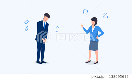 仕事上の失敗で相手を叱咤する人物と頭を下げて謝罪する人物のベクターイラスト 仕事上の失敗で相手を叱咤する人物と頭を下げて謝罪する人物のベクターイラスト 138995655