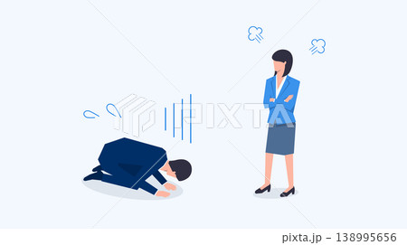 仕事上の失敗で土下座をして謝る人物と憤慨する人物のベクターイラスト 138995656