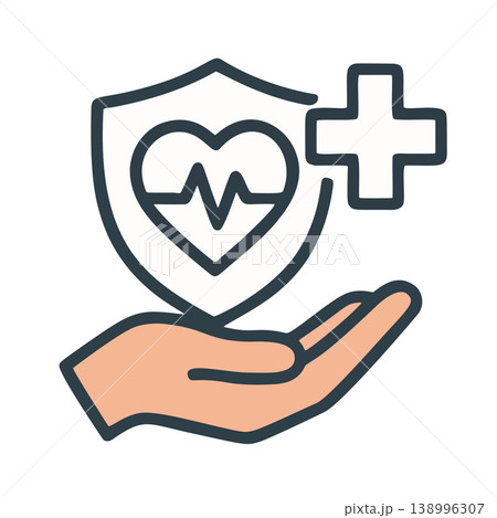 Modern Line Art Hand Holding Healthcare Heartbeat Shield with Plus Sign Icon 138996307