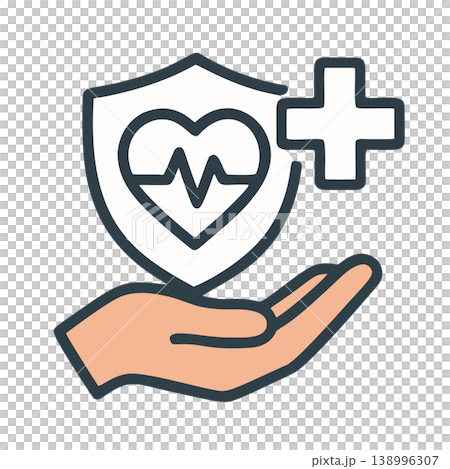 Modern Line Art Hand Holding Healthcare Heartbeat Shield with Plus Sign Icon 138996307