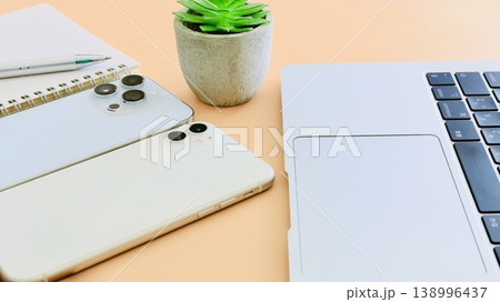 スマートフォンとノートPCと観葉植物のあるおしゃれなデスク環境 スマートフォンとノートPCと観葉植物のあるおしゃれなデスク環境 138996437