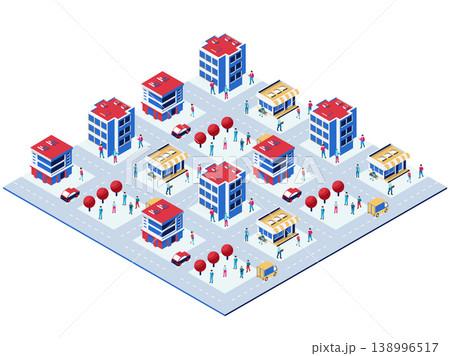 Isometric smart city with modern buildings, shops, roads, cars, delivery trucks 138996517