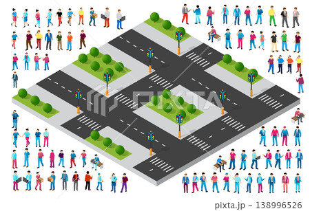 Isometric crossroads with traffic lights and people walking around 138996526