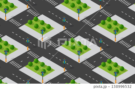 Isometric pattern of city crossroads with traffic lights and green areas 138996532