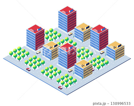 Modern isometric city center with skyscrapers, cars and people walking 138996533