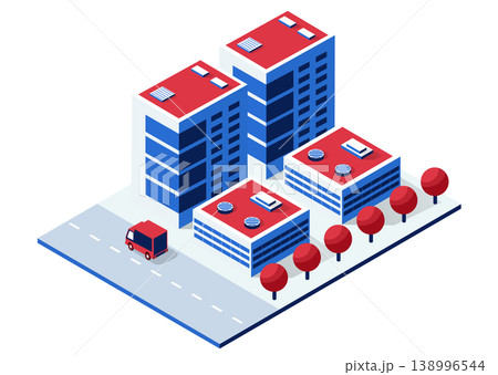 Delivery van moving on road near buildings in smart city isometric illustration Delivery van moving on road near buildings in smart city isometric illustration 138996544