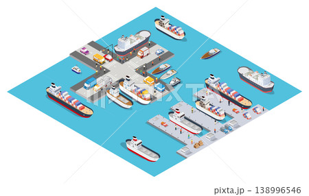 Cargo ships docking and loading at a busy port with cranes and trucks Cargo ships docking and loading at a busy port with cranes and trucks 138996546