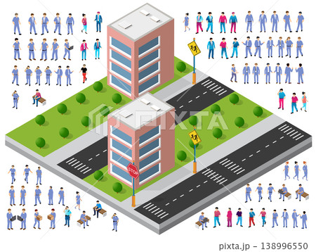 Isometric city street with office buildings and diverse crowd of people 138996550