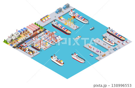 Cargo ships docking and loading at a busy port with cranes and trucks 138996553