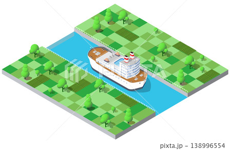 Large ship sailing on canal through green fields isometric view 138996554