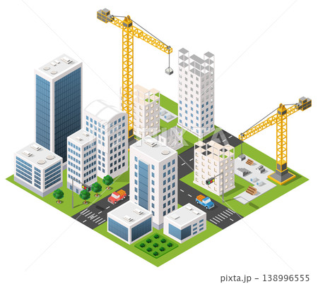Construction cranes building modern skyscrapers in growing city center isometric view Construction cranes building modern skyscrapers in growing city center isometric view 138996555