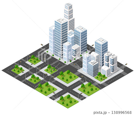Modern city buildings and roads in isometric view Modern city buildings and roads in isometric view 138996568