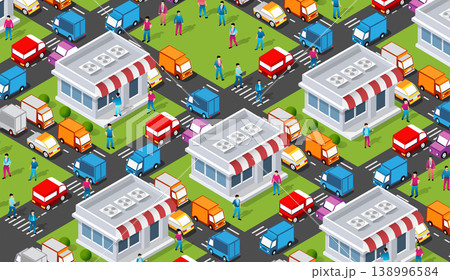 Isometric city center with stores, traffic and people walking 138996584