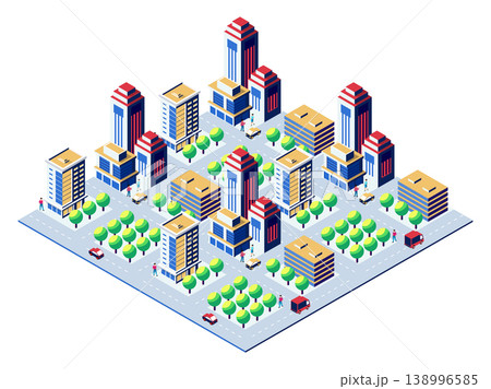 Isometric city center with skyscrapers, offices, roads and green parks 138996585