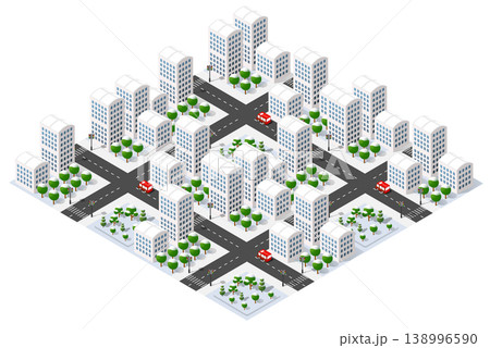 Modern isometric city center with skyscrapers and trees covered by snow Modern isometric city center with skyscrapers and trees covered by snow 138996590
