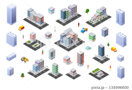Isometric city buildings, skyscrapers, shops, trees and vehicles composing a cityscape 138996600