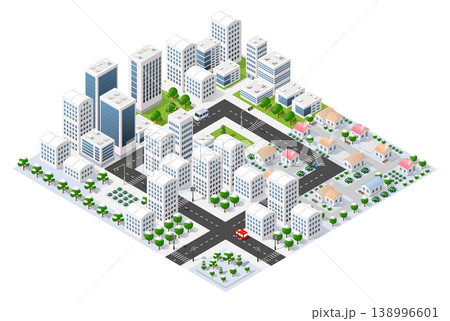 Modern isometric city with skyscrapers and houses covered in snow during winter Modern isometric city with skyscrapers and houses covered in snow during winter 138996601