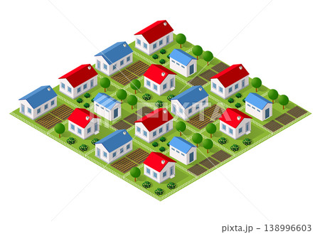 Suburban sprawl: identical houses filling the landscape in an isometric view 138996603