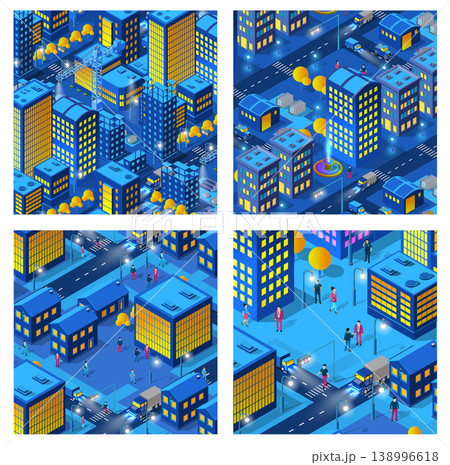 Smart city at night with illuminated buildings, roads, and moving vehicles in isometric view Smart city at night with illuminated buildings, roads, and moving vehicles in isometric view 138996618