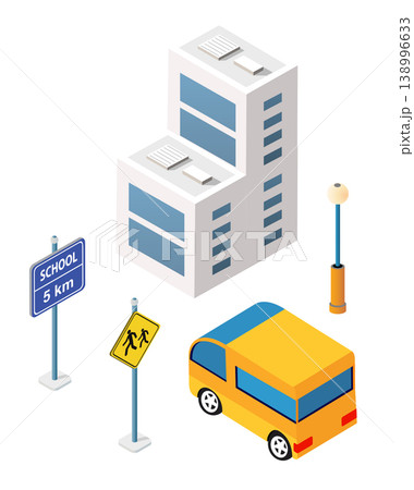 School bus moving on road near school building and road signs in isometric projection School bus moving on road near school building and road signs in isometric projection 138996633