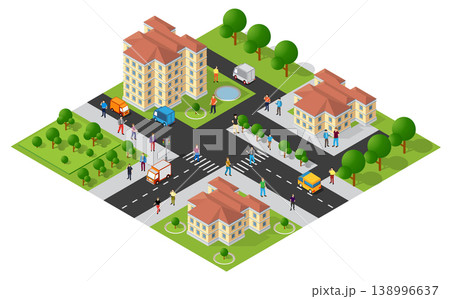 People walking and driving in isometric city with buildings and parks People walking and driving in isometric city with buildings and parks 138996637