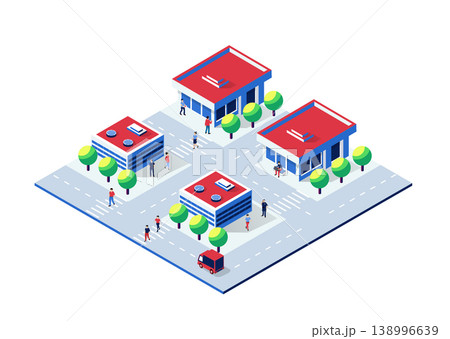 People walking and driving in isometric city with buildings and trees 138996639