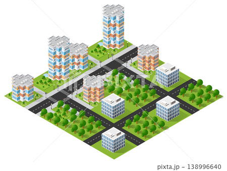 Modern city center with skyscrapers, roads and green areas isometric projection 138996640