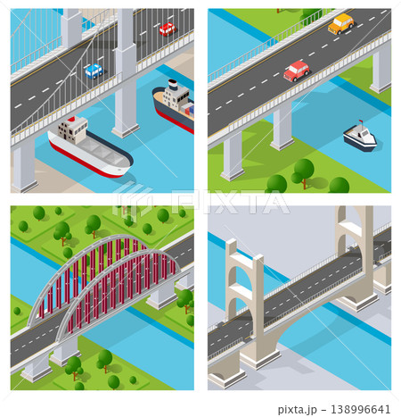 Four isometric bridges with cars, boats, and cargo ships passing underneath 138996641