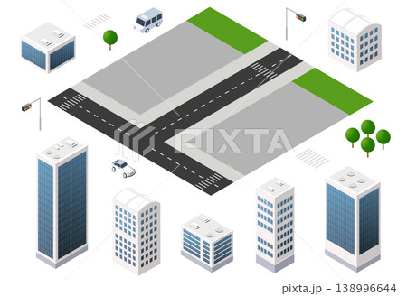 Urban landscape elements representing modern city infrastructure in isometric view Urban landscape elements representing modern city infrastructure in isometric view 138996644